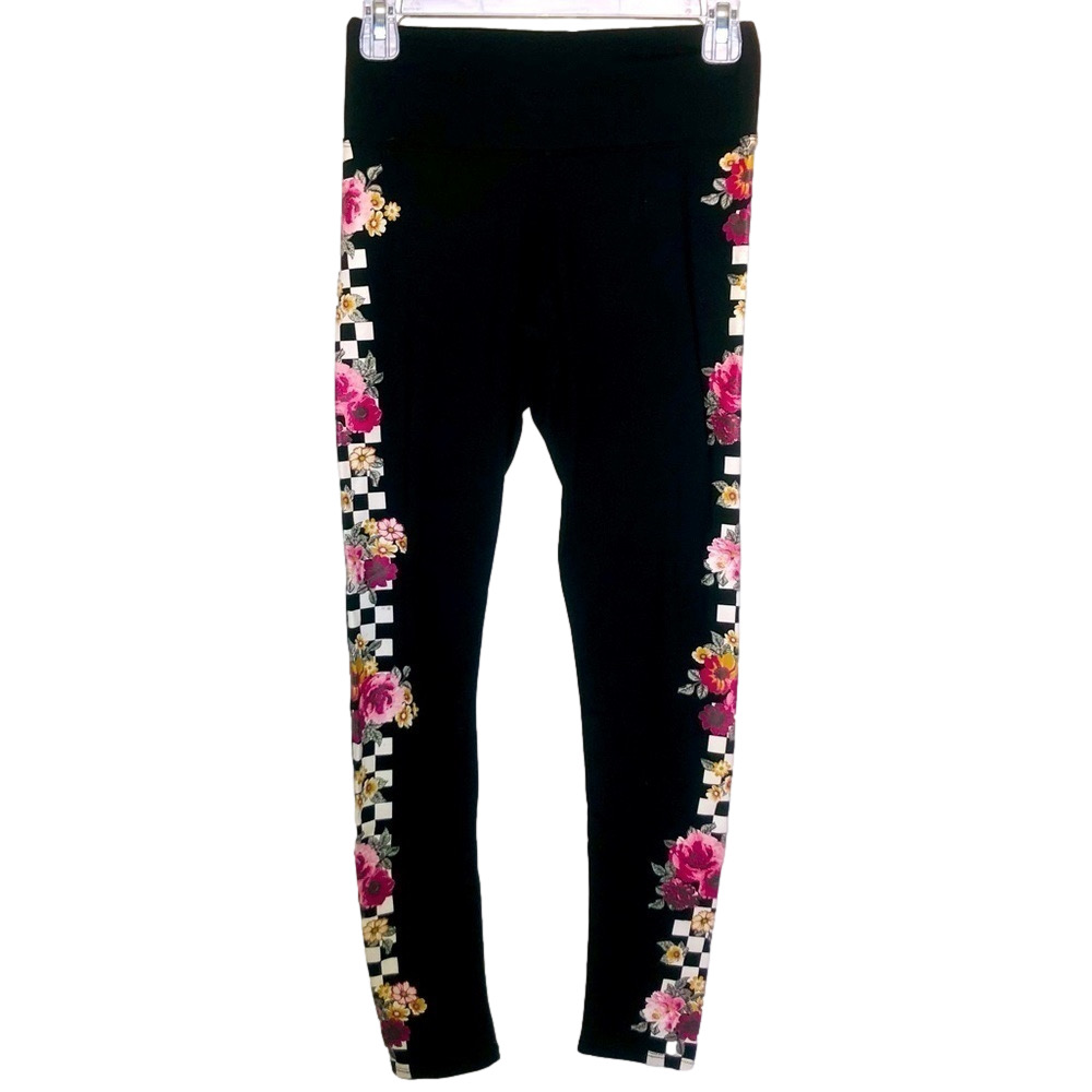 RUE 21 Black Leggings w. Pink & Yellow Floral Checkered Detail